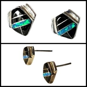 Sterling Silver Black Onyx/Opal Vintage Earrings